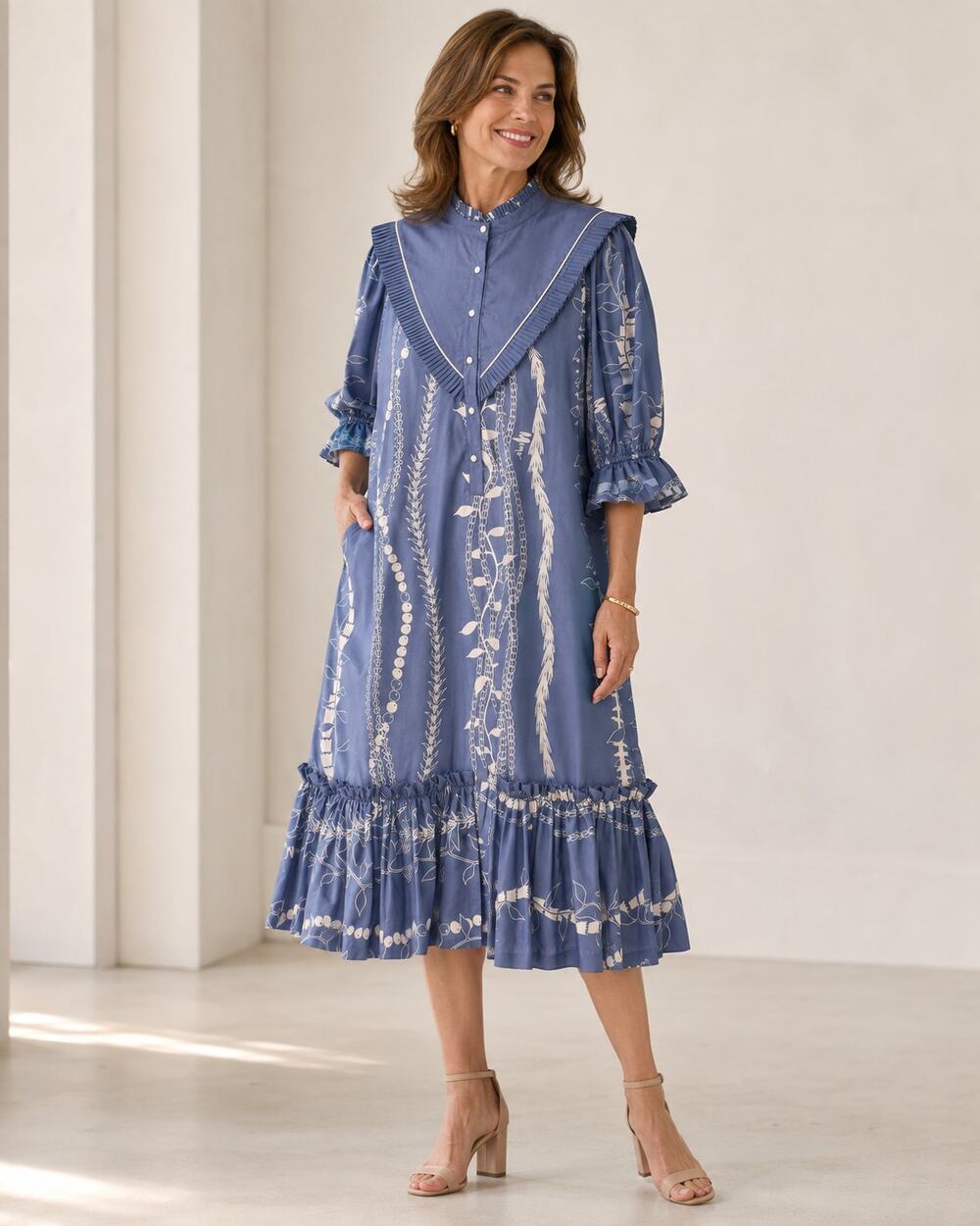Vintage Mamo Howell Hawaii Blue Print Ruffle Midi Dress SIZE 18
